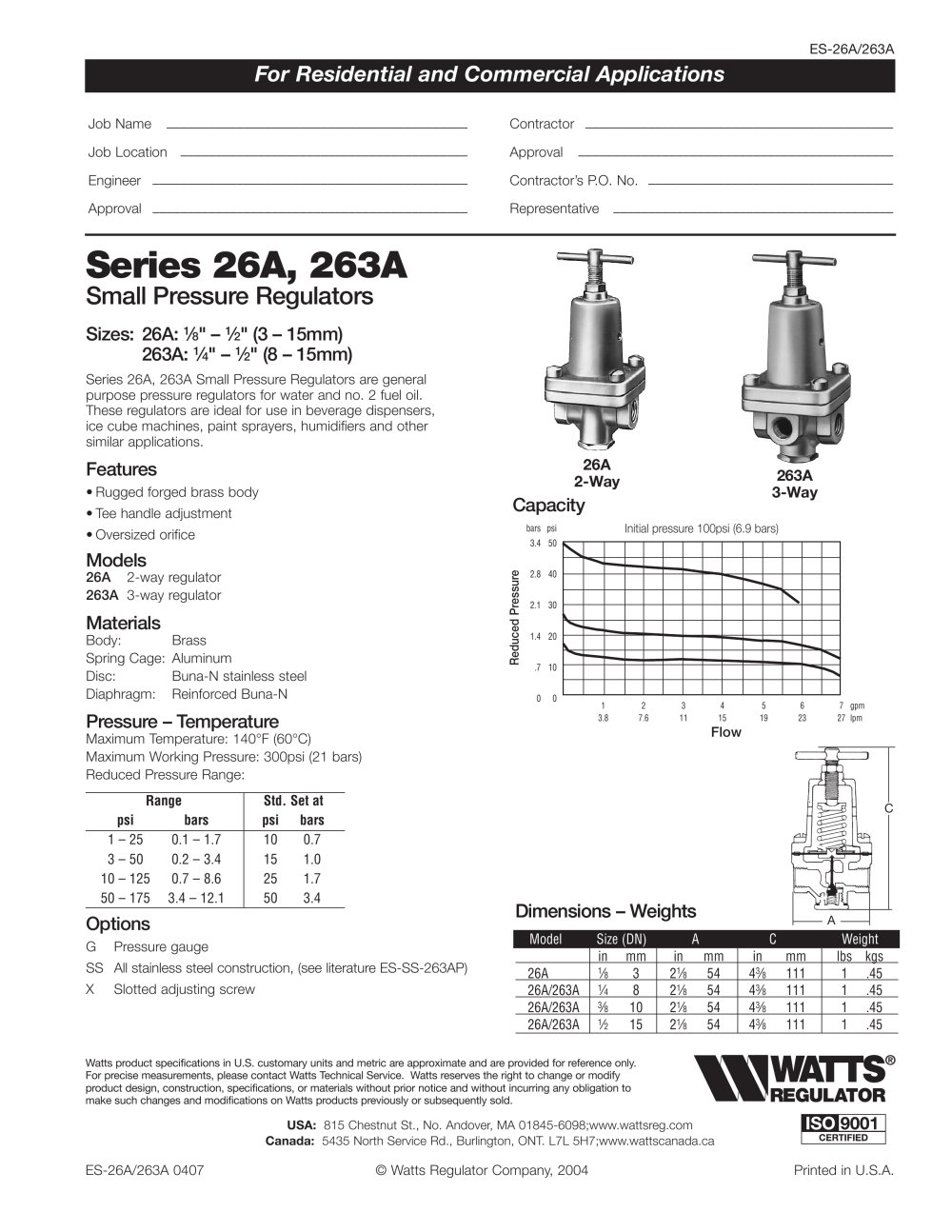 Small Pressure Regulators, 2-Way - Watts Water Technologies