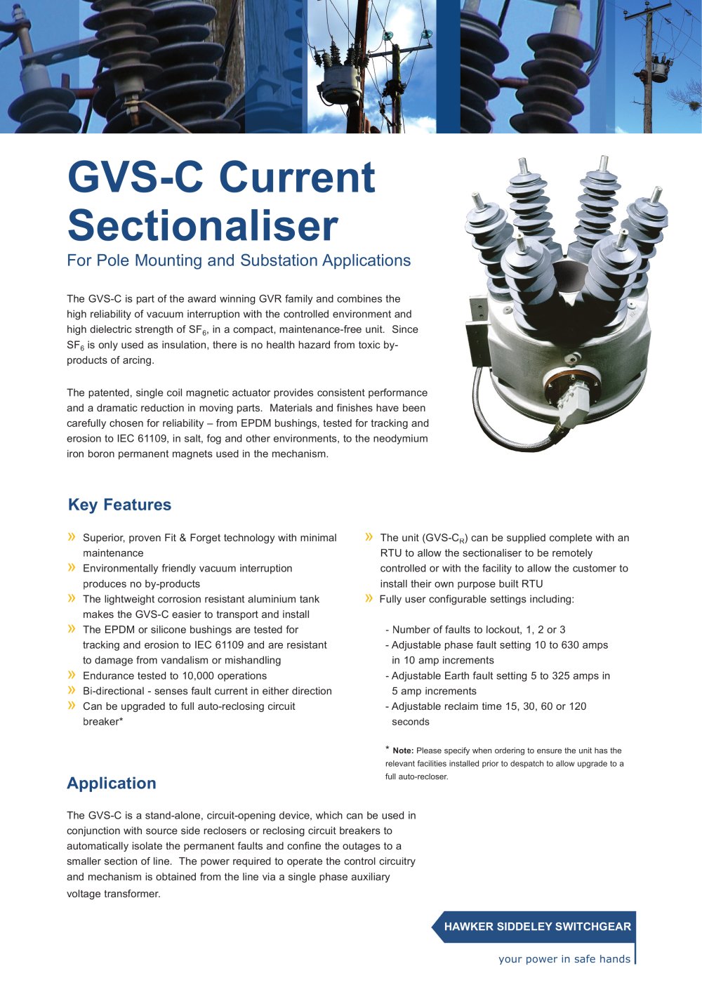 GVS-C Current Sectionaliser For Pole Mounting and Substation Applications - Hawker Siddeley Switchgear