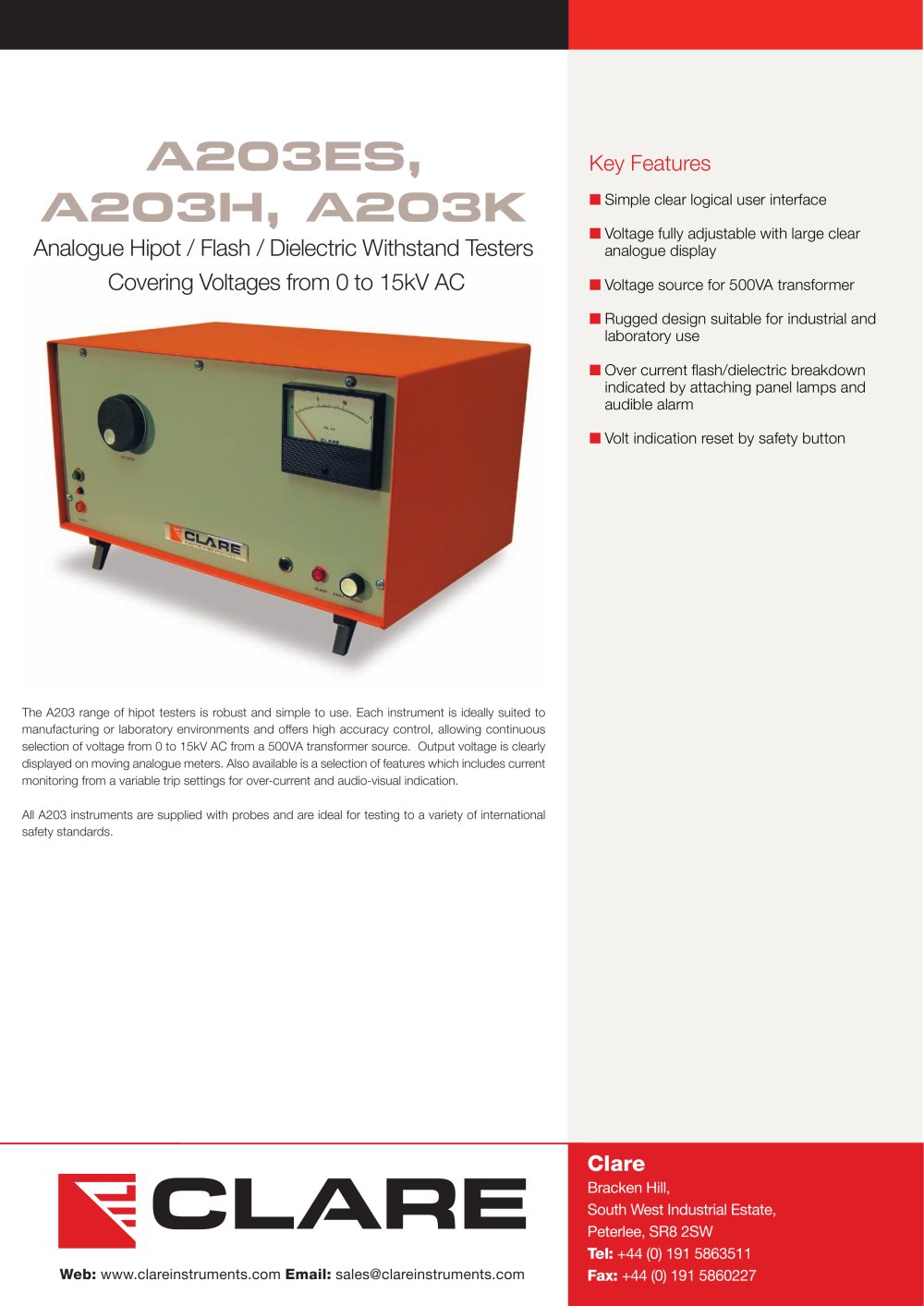 Clare A203 Series Datasheet - A203ES, A203H, A203K - Seaward