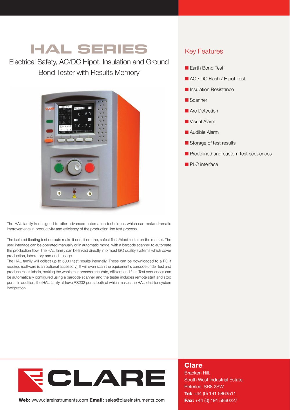 Clare HAL Series Datasheet (HAL, HAL Scan & HAL Combi) - Seaward