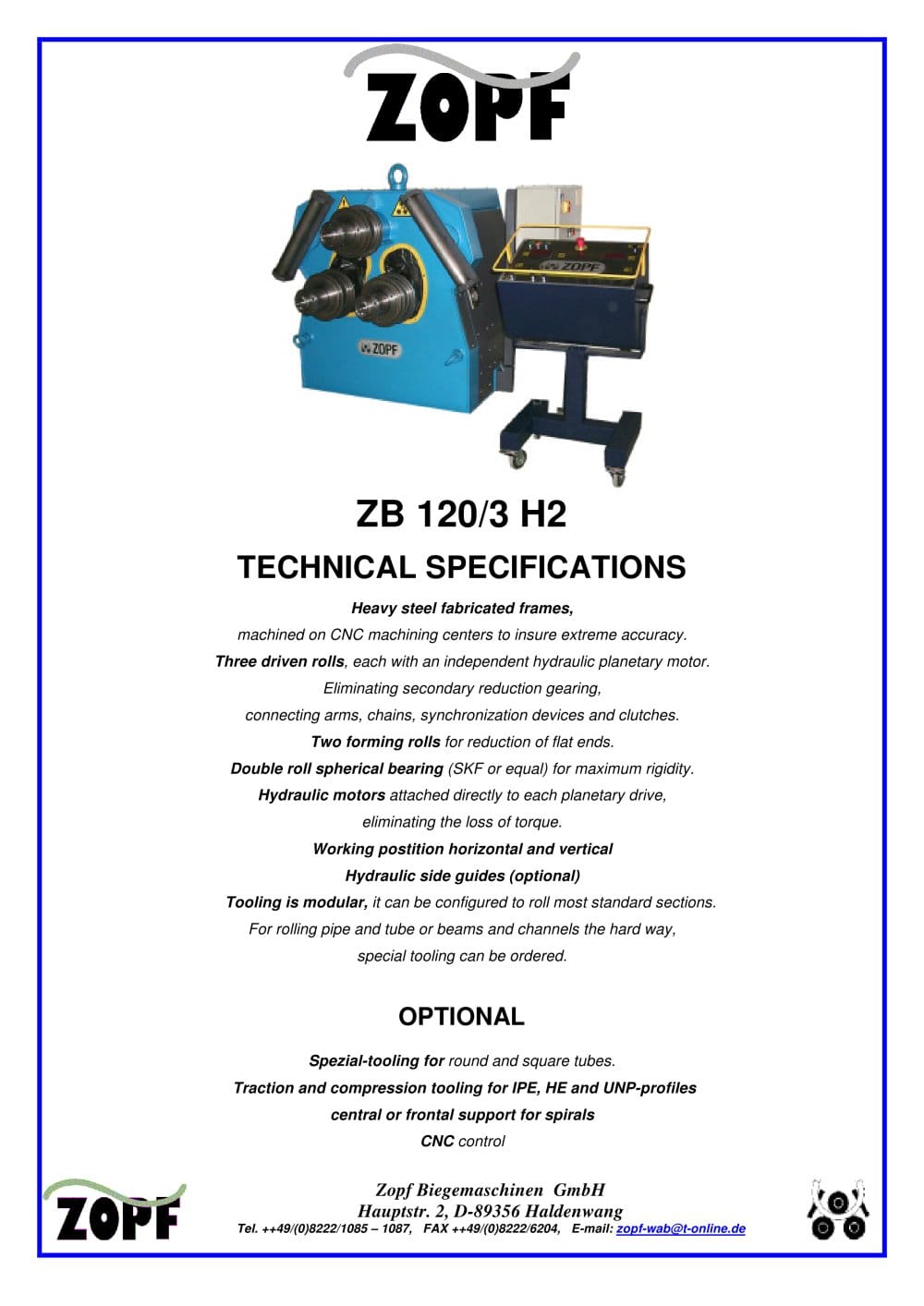 Bendingmachines model ZB 120  /3H2 and bigger - Zopf