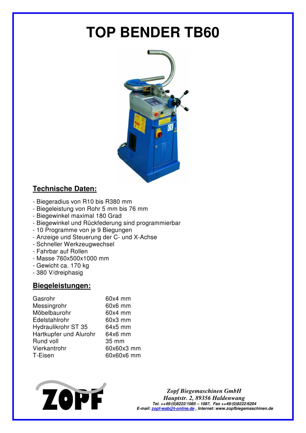 Bendingmachines without mandrel Top Bender TB60 - Zopf