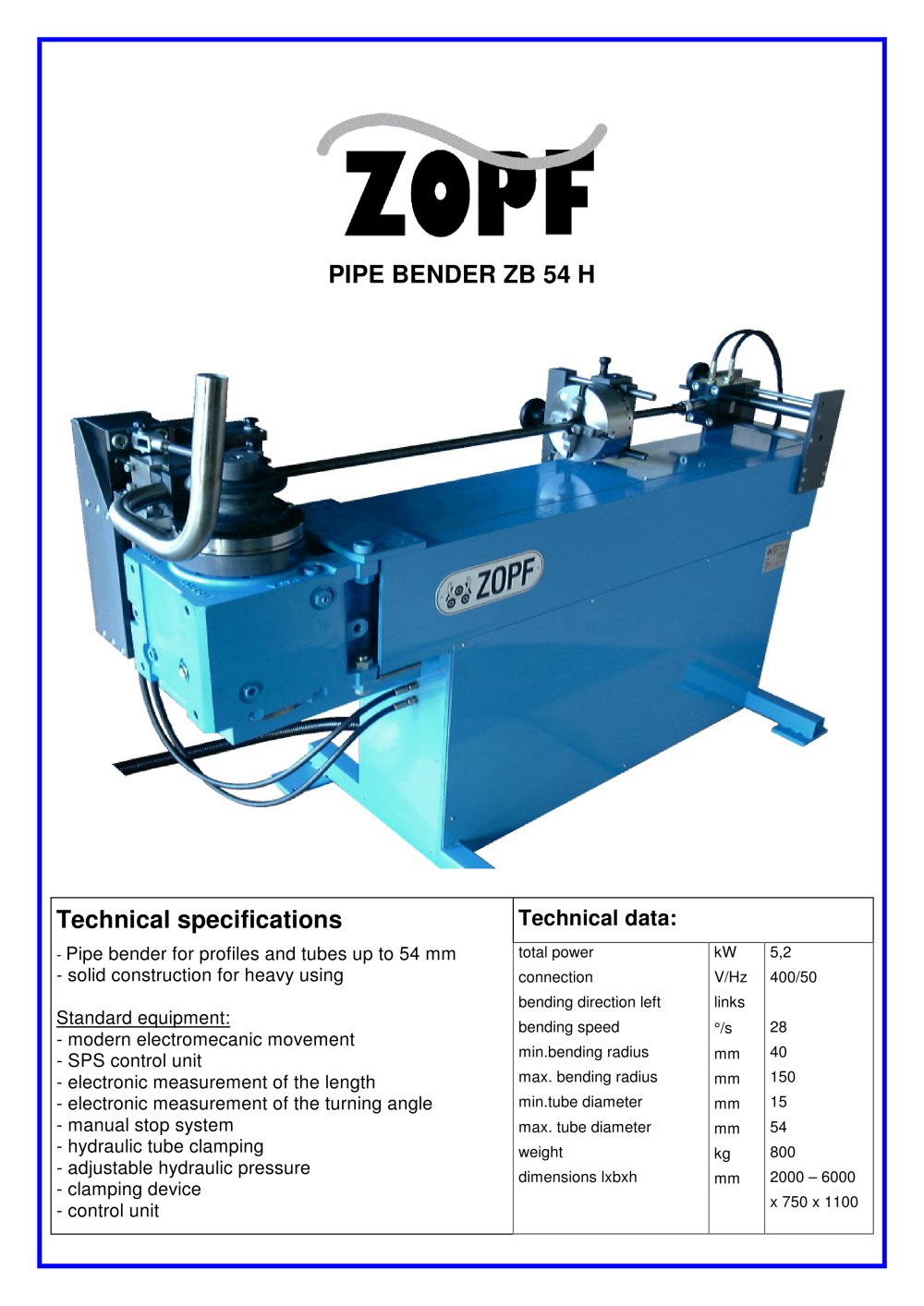 Mandrel-bendingmachines model ZB 54 H - Zopf