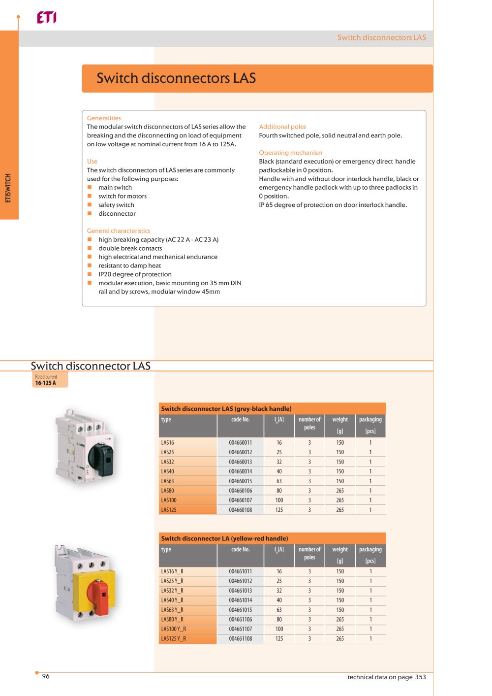 ETISWITCH : SWITCH DISCONNECTORS LAS, SWITCH DISCONNECTORS LA - ETI