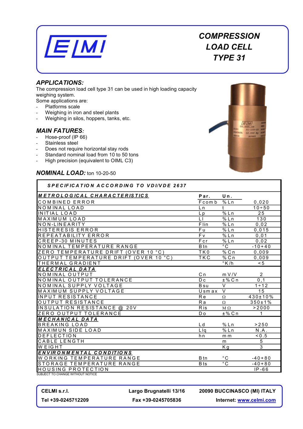 COMPRESSION LOAD CELL TYPE 31 - Celmi