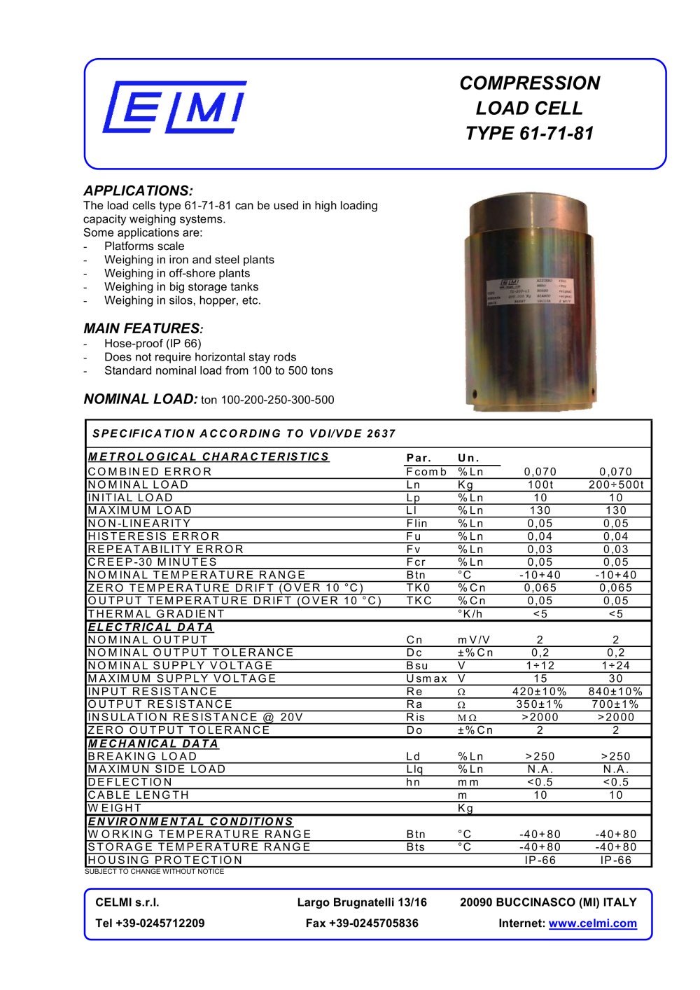 COMPRESSION LOAD CELL TYPE 61-71-81 - Celmi