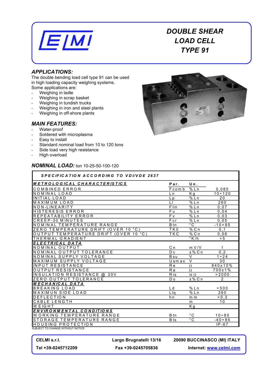 DOUBLE SHEAR LOAD CELL TYPE 91 - Celmi