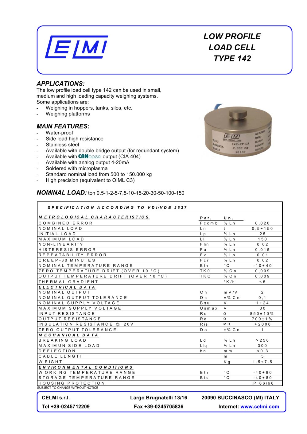 LOW PROFILE LOAD CELL TYPE 142 - Celmi