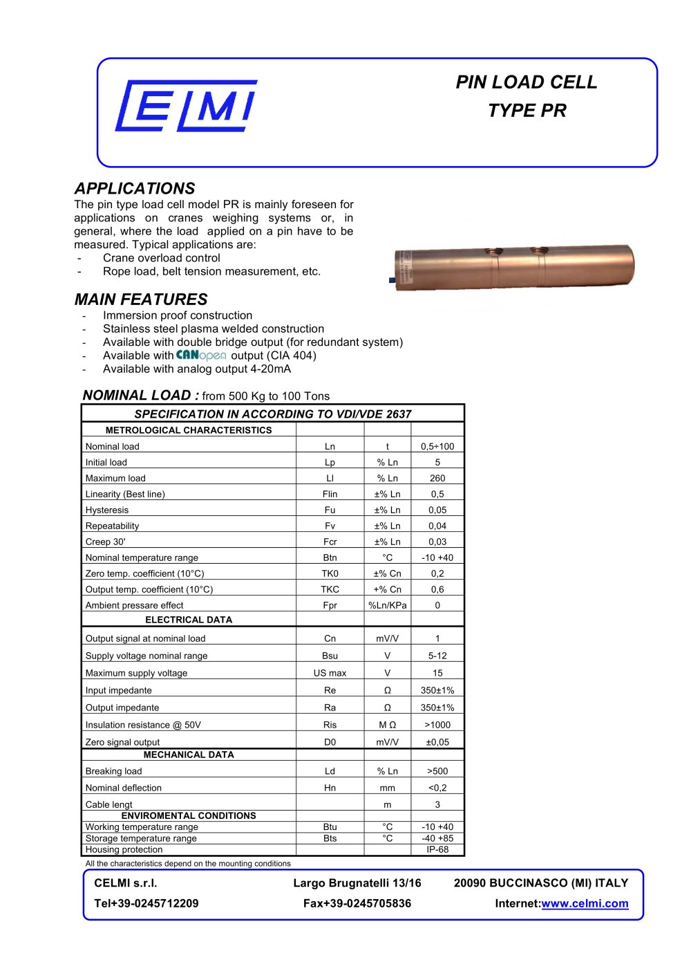 PIN LOAD CELL TYPE PR - Celmi