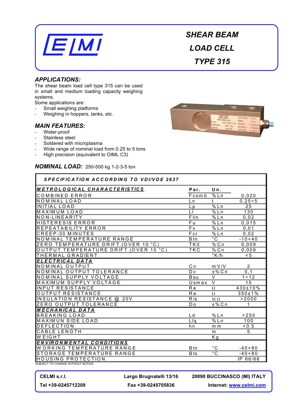 SHEAR BEAM LOAD CELL TYPE 315 - Celmi
