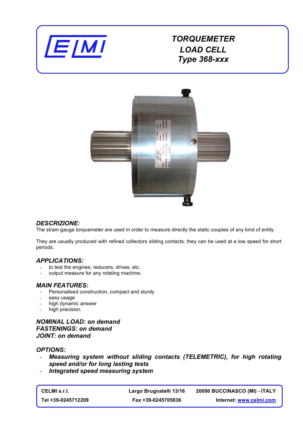 TORQUEMETER LOAD CELL Type 368-xxx - Celmi