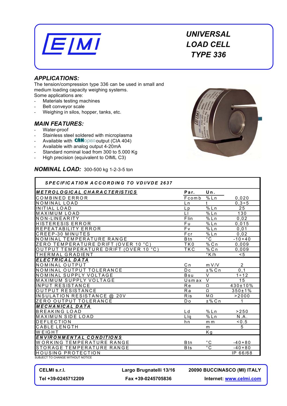 UNIVERSAL LOAD CELL TYPE 336 - Celmi