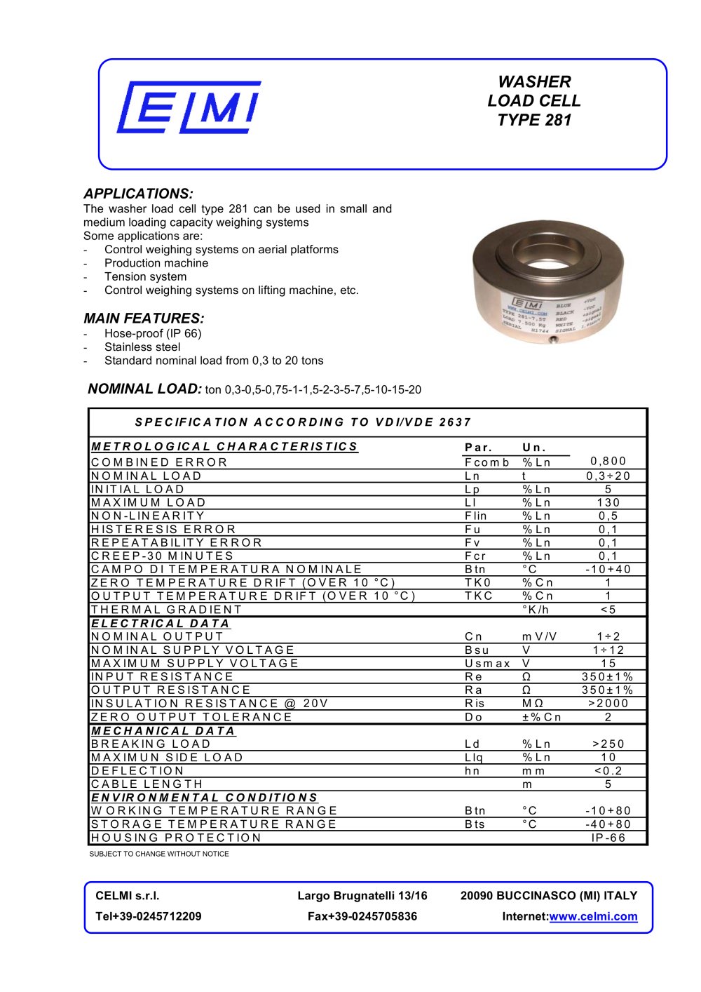 WASHER LOAD CELL TYPE 281 - Celmi