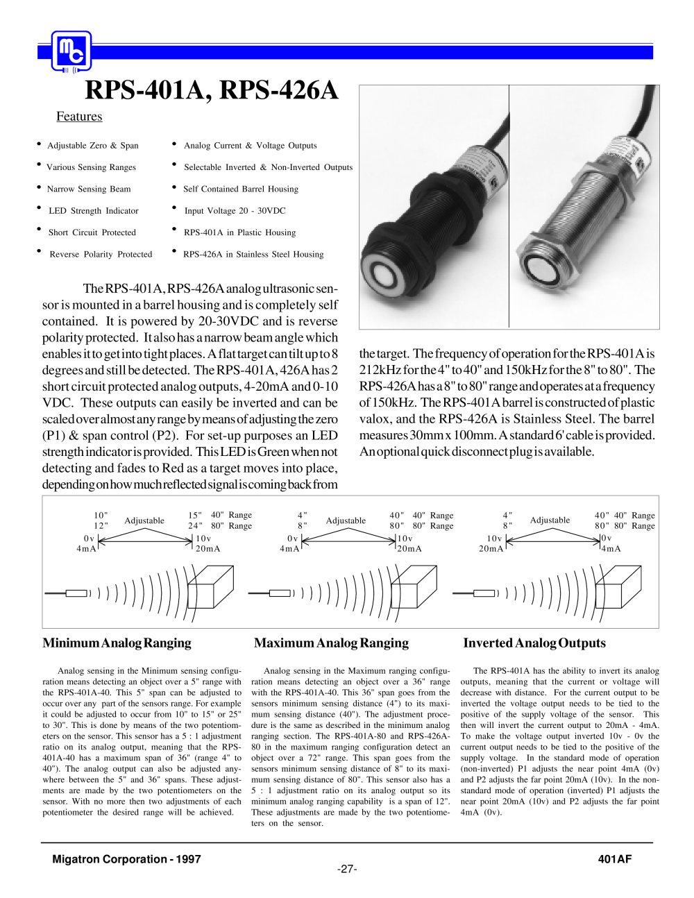 RPS-401A, RPS-426A Analog Ultrasonic Sensors - Migatron