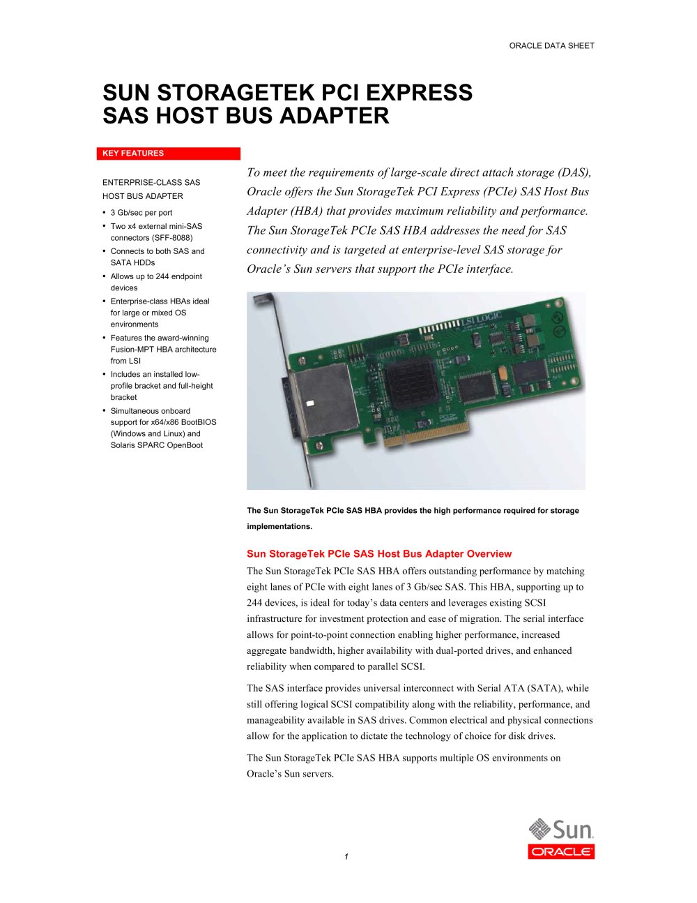 SUN STORAGETEK PCI EXPRESS SAS HOST BUS ADAPTER - Oracle