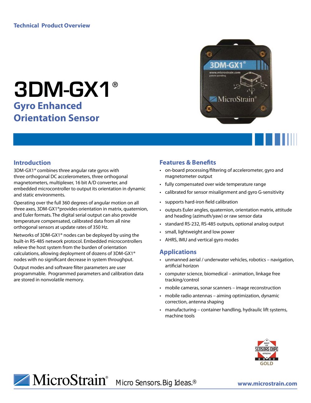 Inclinometers and Orientation Sensors 3DM-GX1&reg; - MicroStrain
