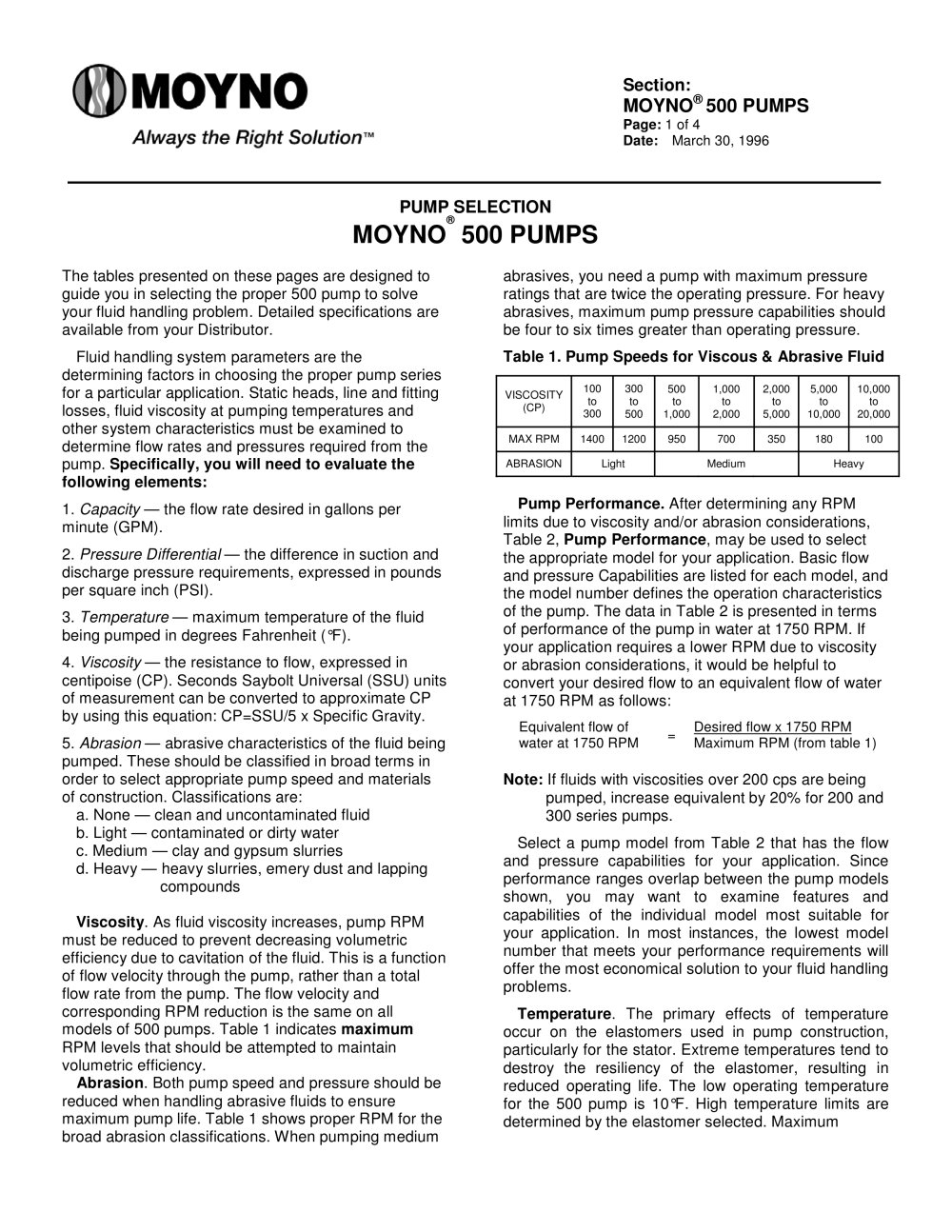 Moyno 500 Pumps Selection - Moyno