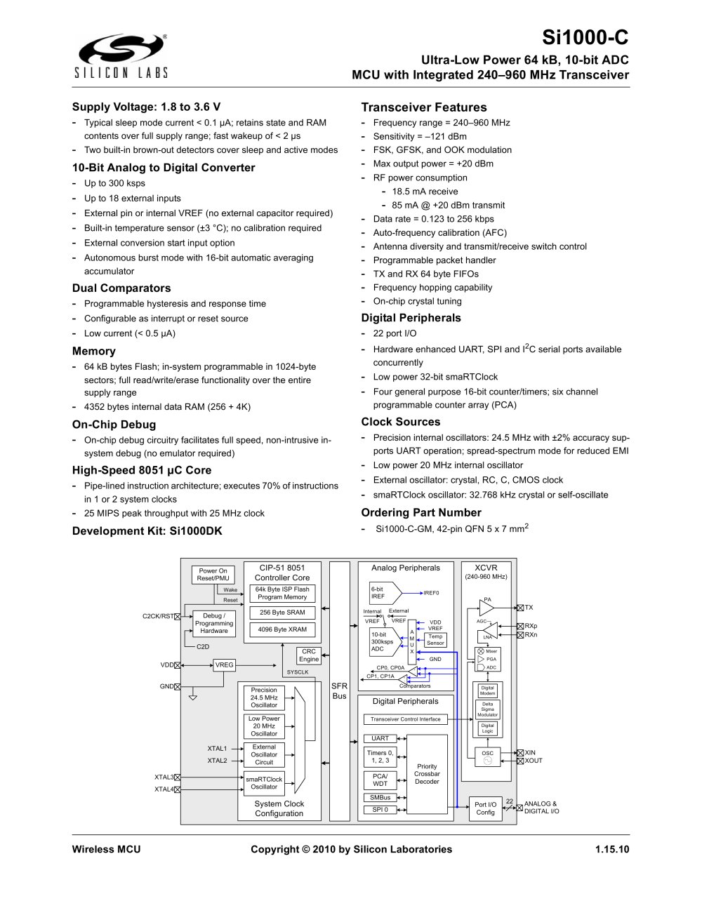 Si1000-C Ultra-Low Power 64 kB, 10-bit ADC MCU with Integrated 240�960 MHz Transceiver - Silicon Laboratories