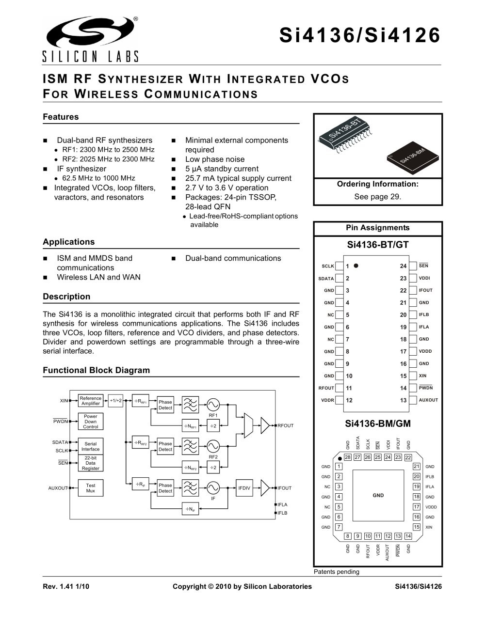 Si4136/Si4126 ISM RF SYNTHESIZER WITH INTEGRATED VCOS FOR WIRELESS COMMUNICATIONS - Silicon Laboratories