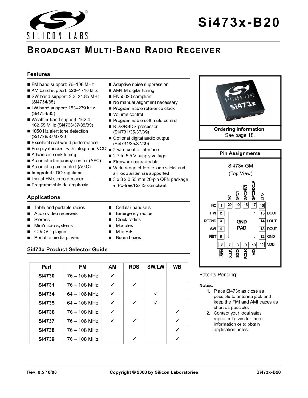 Si473x-B20 BROADCAST MULTI-BAND RADIO RECEIVER - Silicon Laboratories