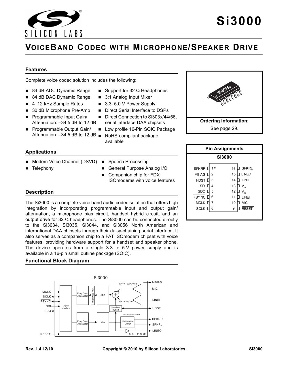 VOICEBAND CODEC WITH MICROPHONE/SPEAKER DRIVE - Silicon Laboratories