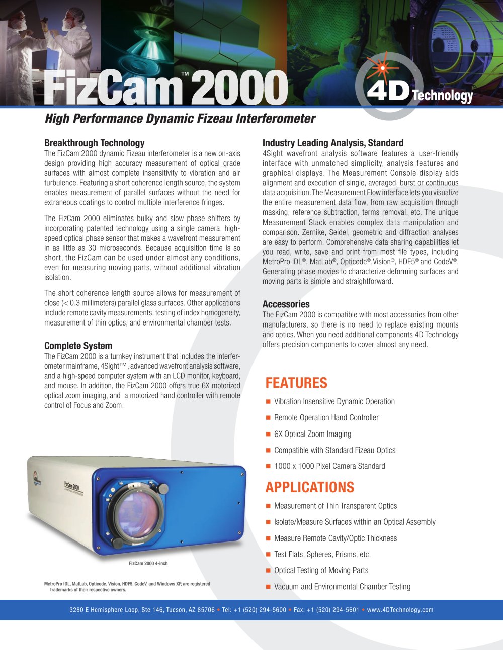 FizCam 2000 Data Sheet - 4D Technology