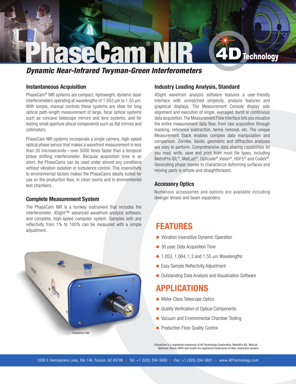 PhaseCam NIR Near Infrared Interferometers - 4D Technology