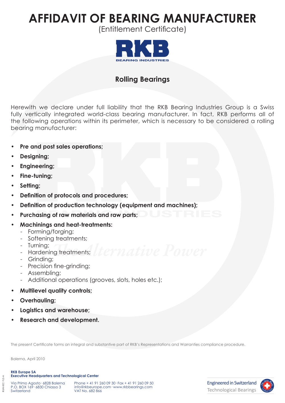 International Entitlement Certificate - RKB Europe
