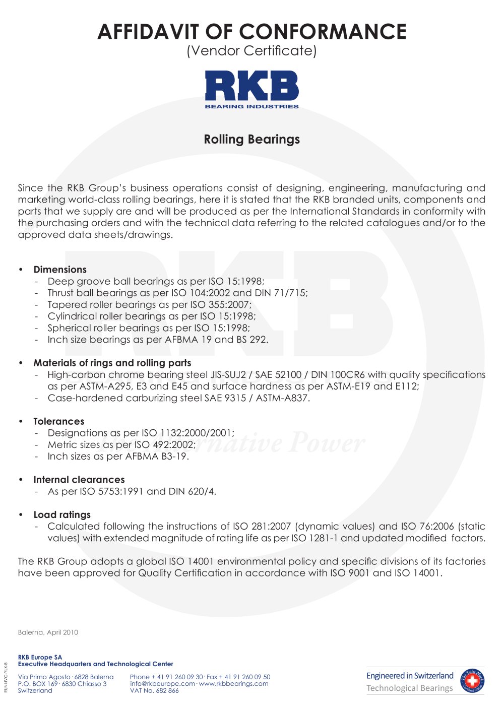 International Vendor Certificate - RKB Europe