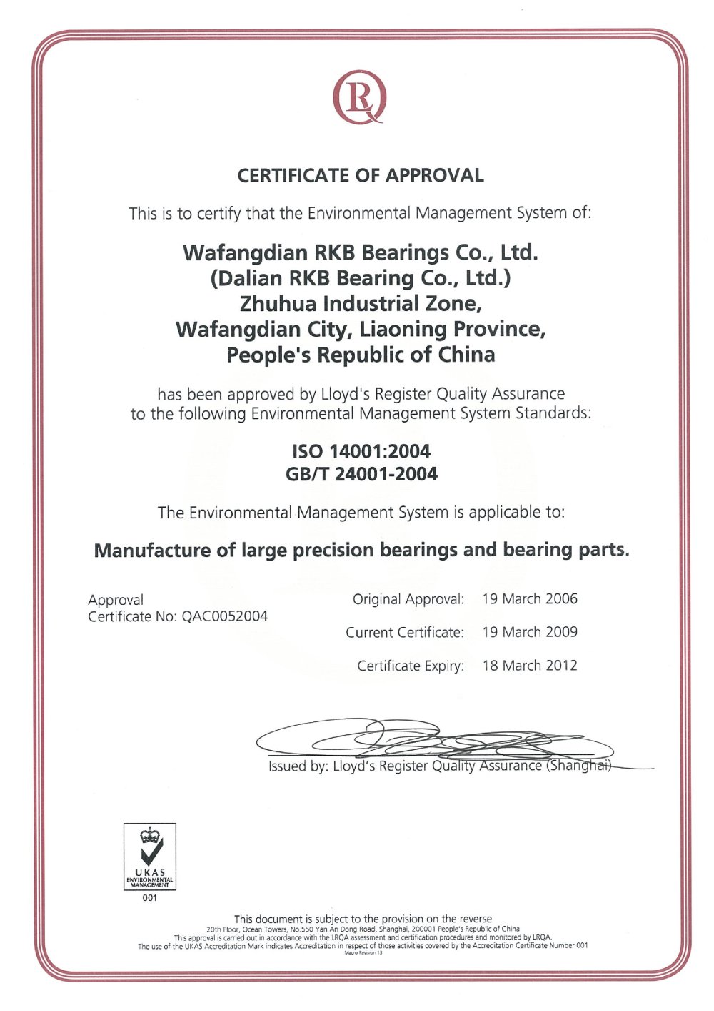 RKB Certificate of Approval ISO 14001 - RKB Europe