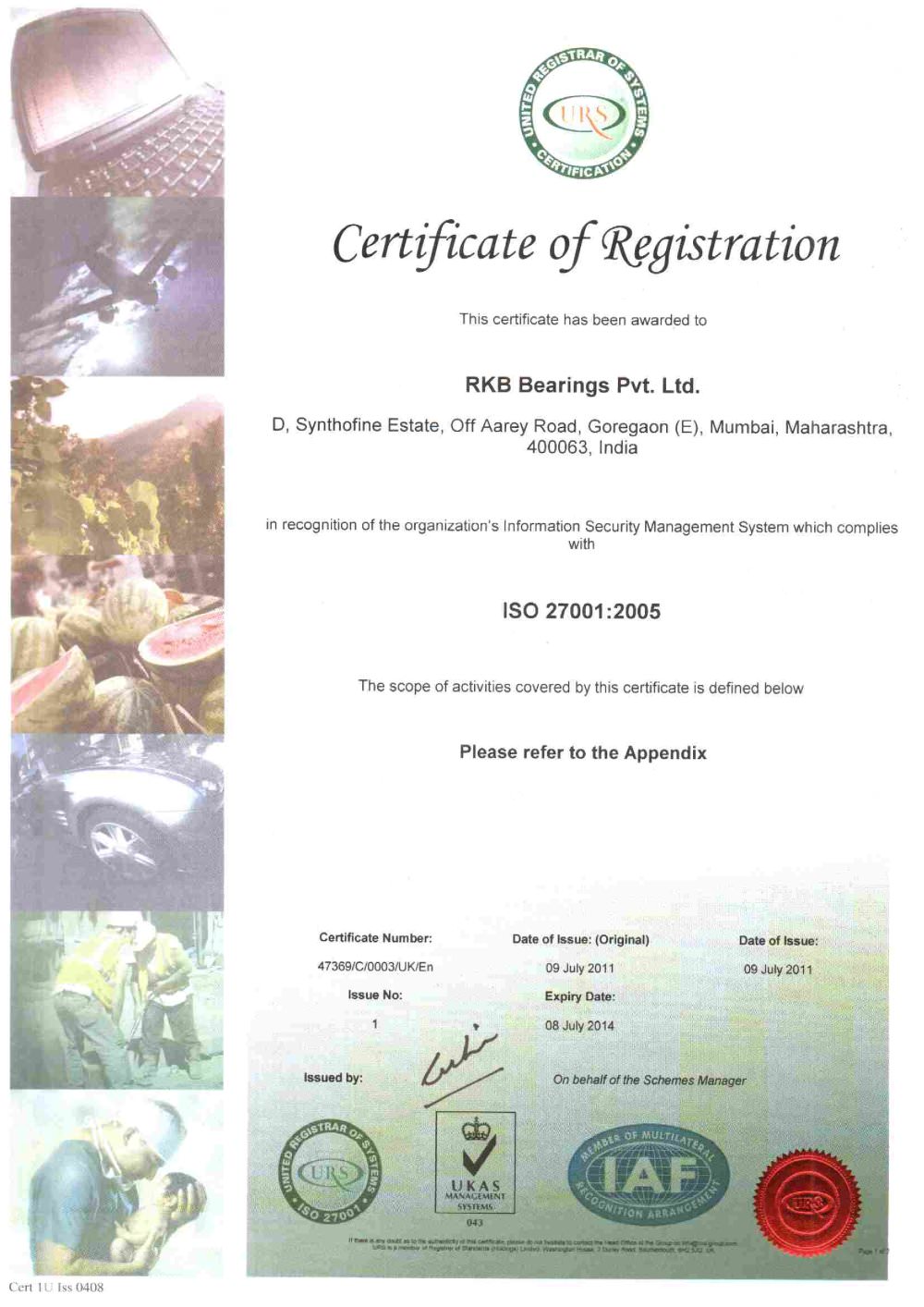 RKB India Certificate of Registration ISO 27001 - RKB Europe