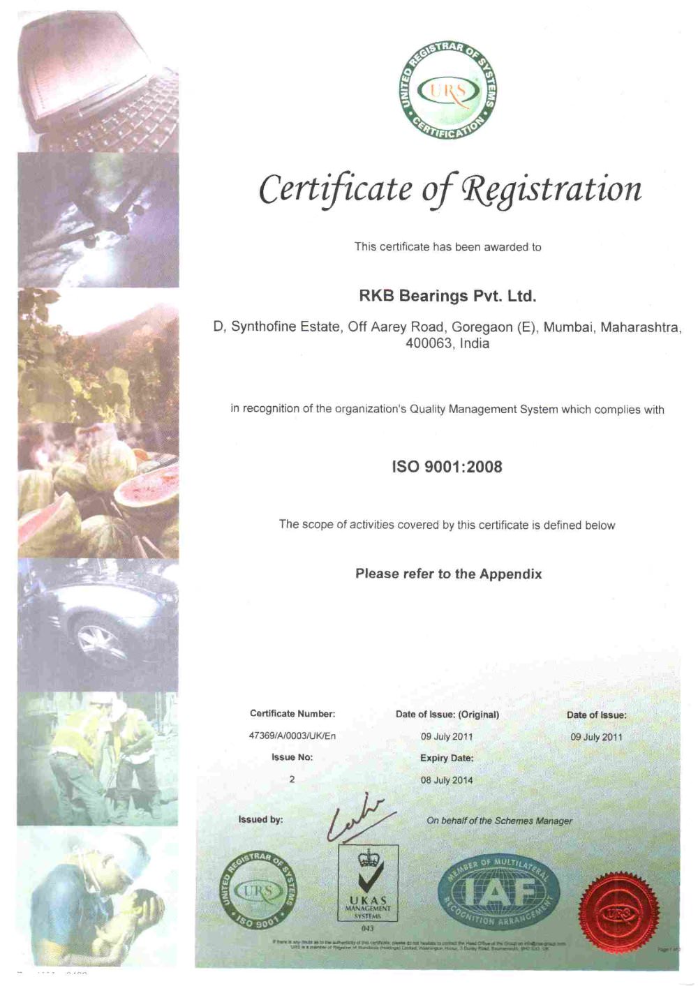RKB India Certificate of Registration ISO 9001 - RKB Europe