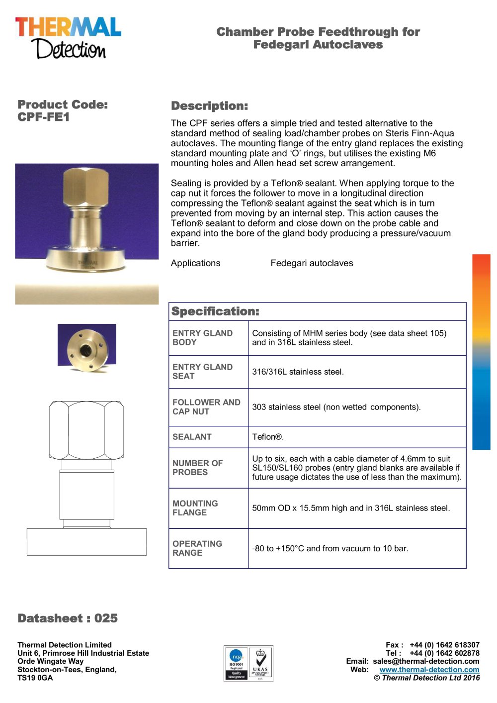Autoclave Chamber Entry (CPF) Adaptors - Thermal Detection
