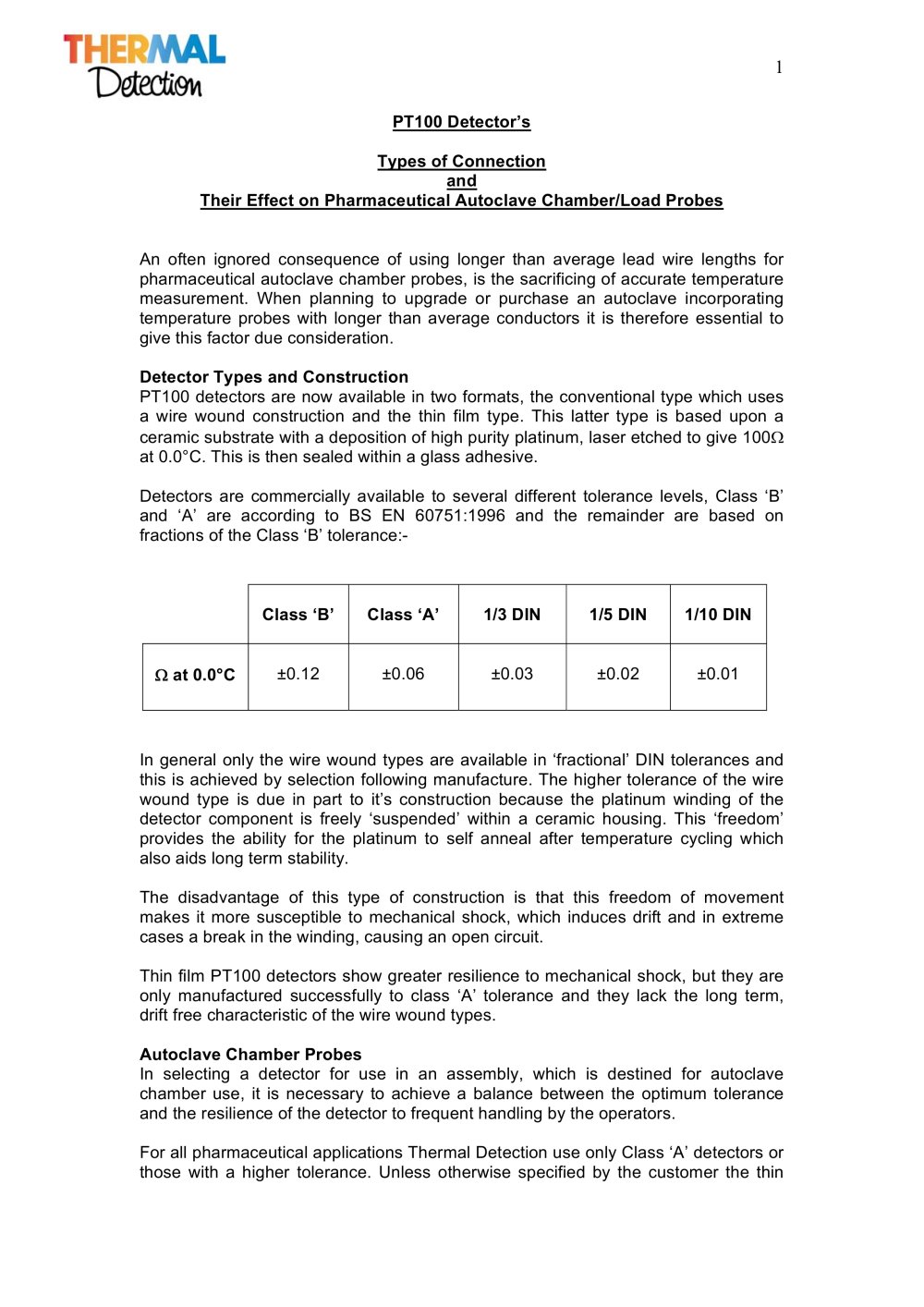 PT100 detector connections for pharmaceutical chamber probes - Thermal Detection