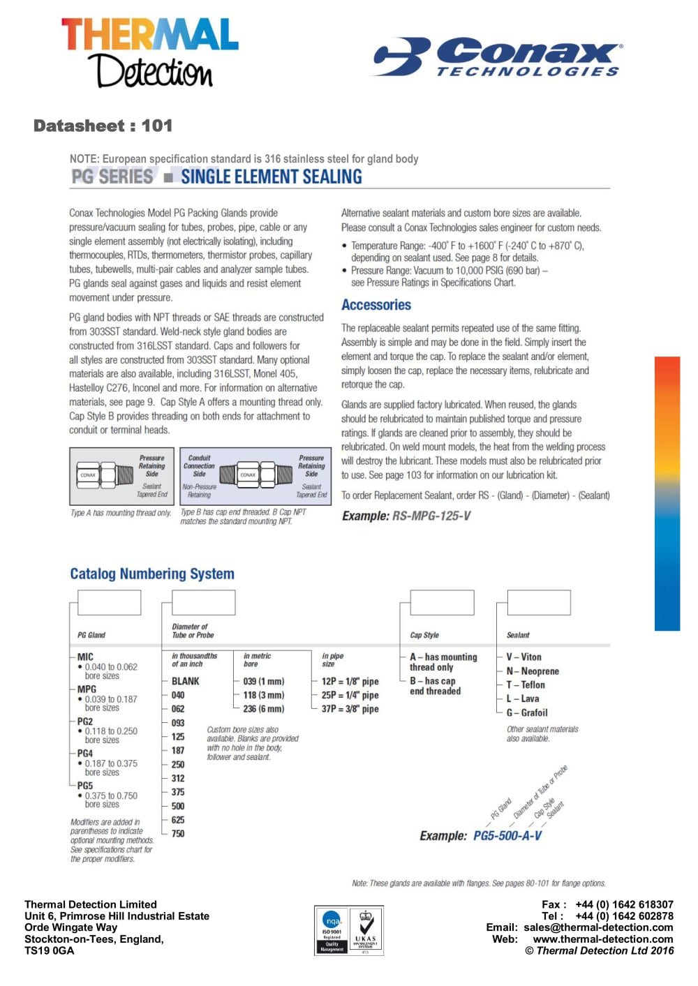 Single (PG) and Multiple (MHM and MHC) Feedthroughs : Product data sheet No 101 (MPG/PG) - Thermal Detection
