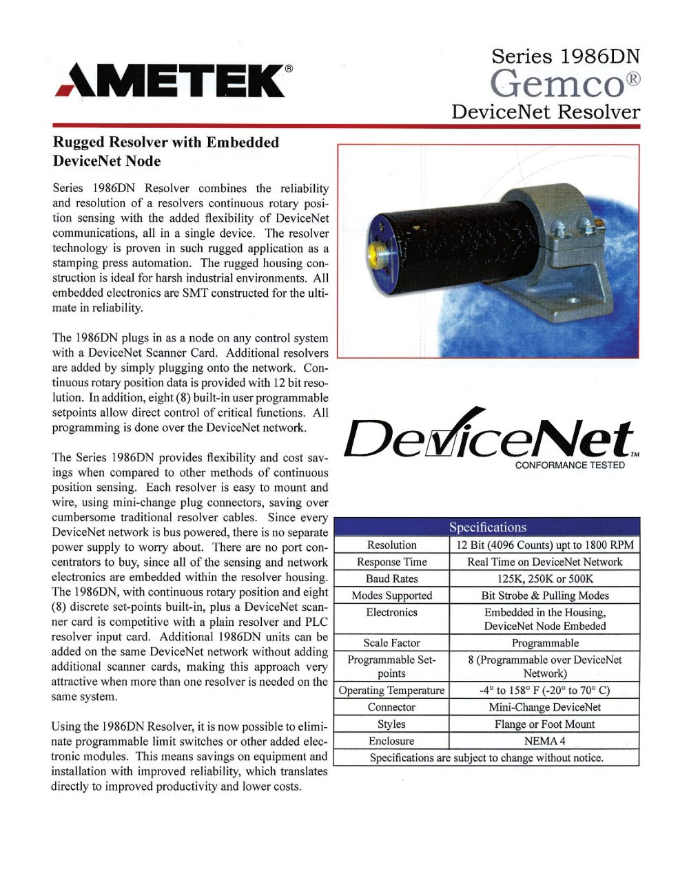 1986DN - DeviceNet Resolver - AMETEK Automation & Process