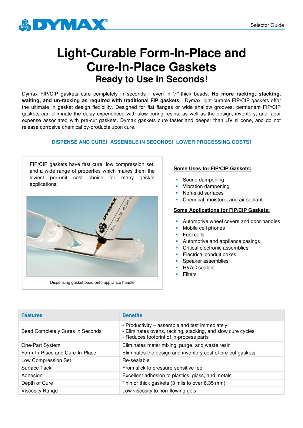 Light-Curable Form-In-Place/Cure-In-Place Gasket Selector Guide - DYMAX