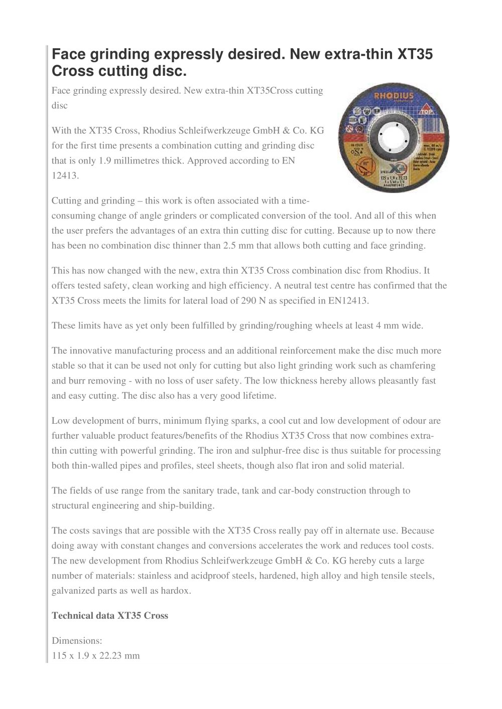 New extra-thin XT35 Cross cutting disc - RHODIUS