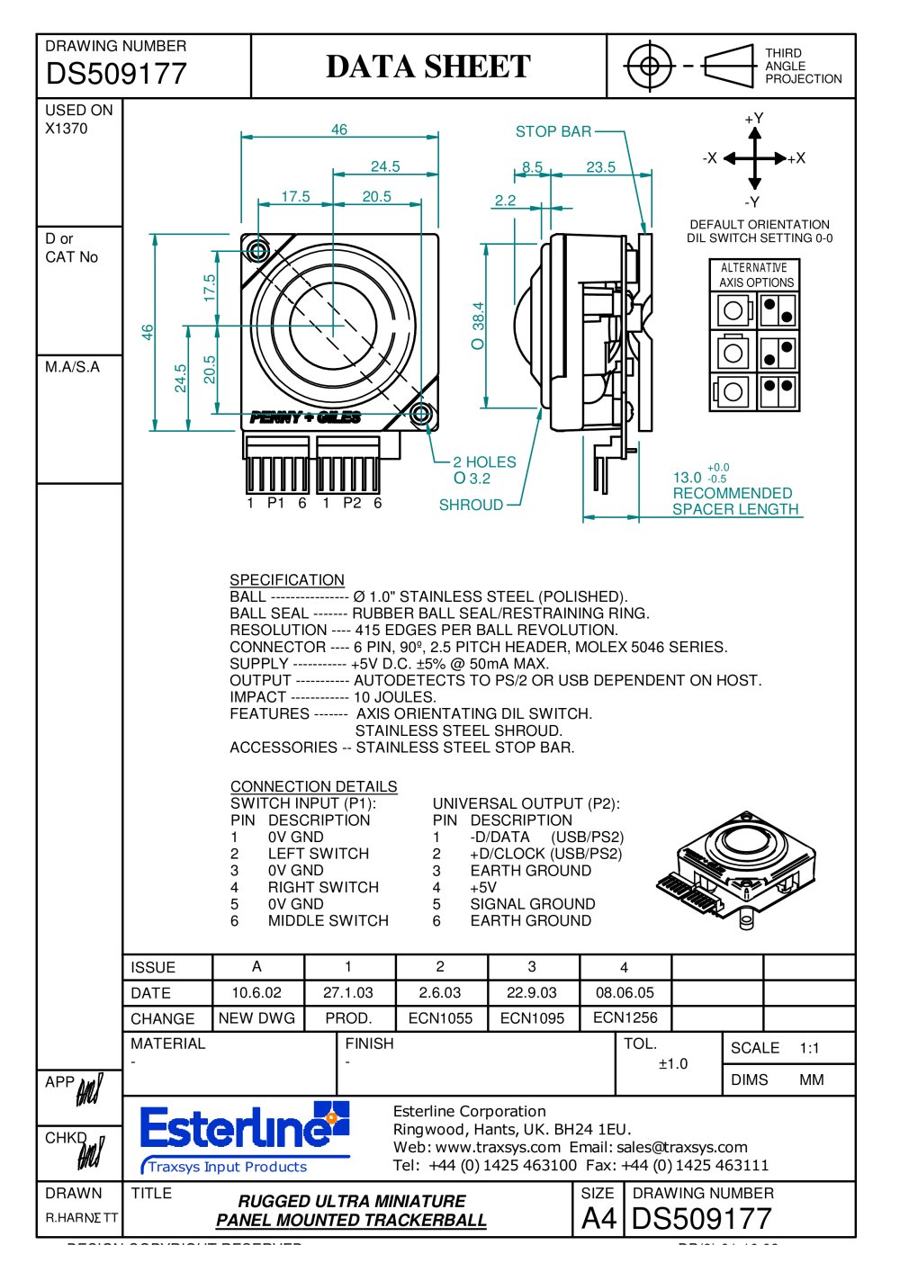 25mm Vandal Proof Panel Mounted Trackball Datasheet, Part No DS509177 - Traxsys Input Products