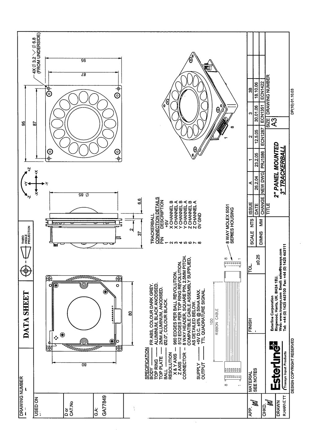 50mm 3-Axis Trackball with third axis running on roller bearings - Traxsys Input Products