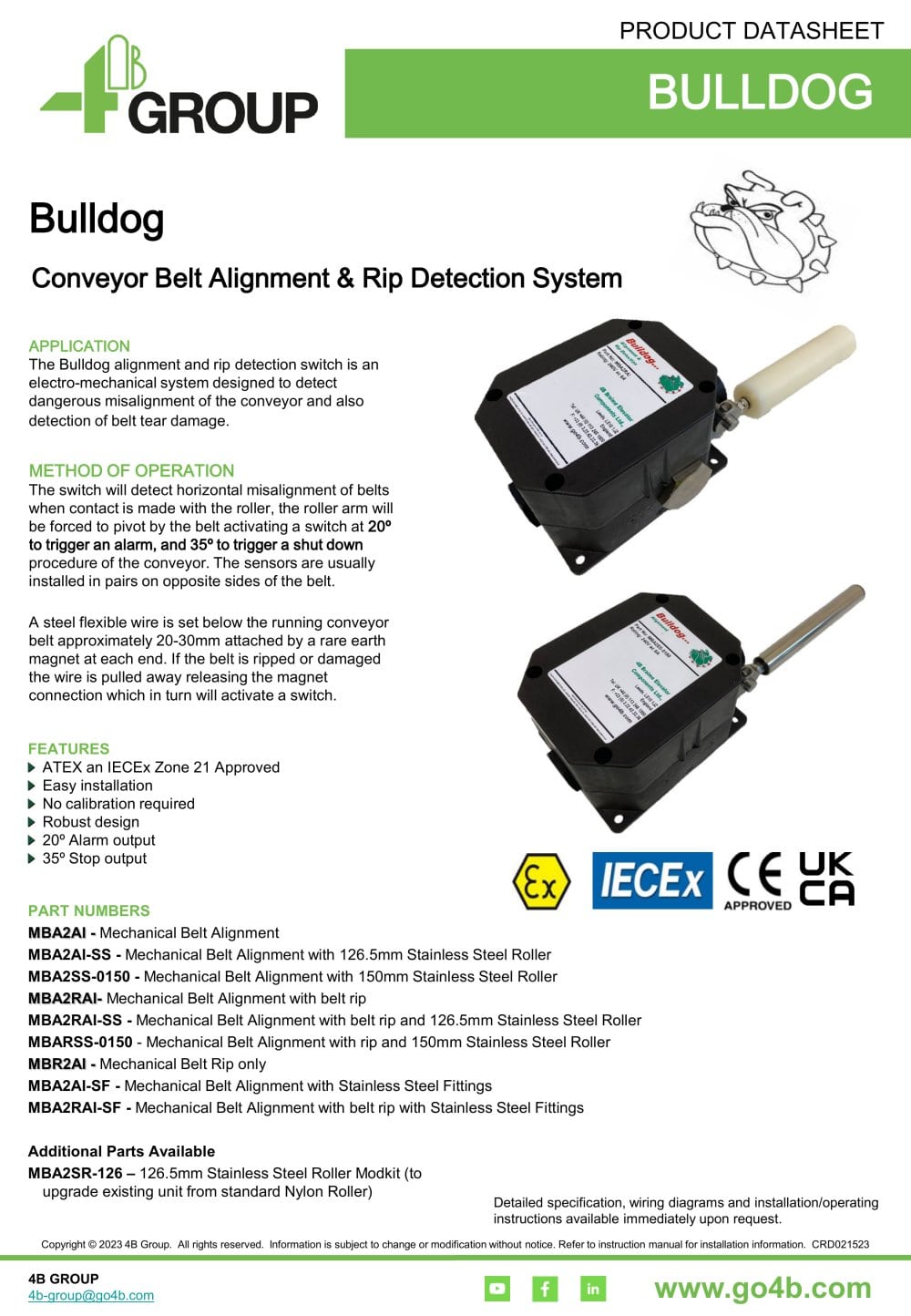 Bulldog - Conveyor Belt Alignment and Rip Detection Switch - 4B Braime Elevator Components