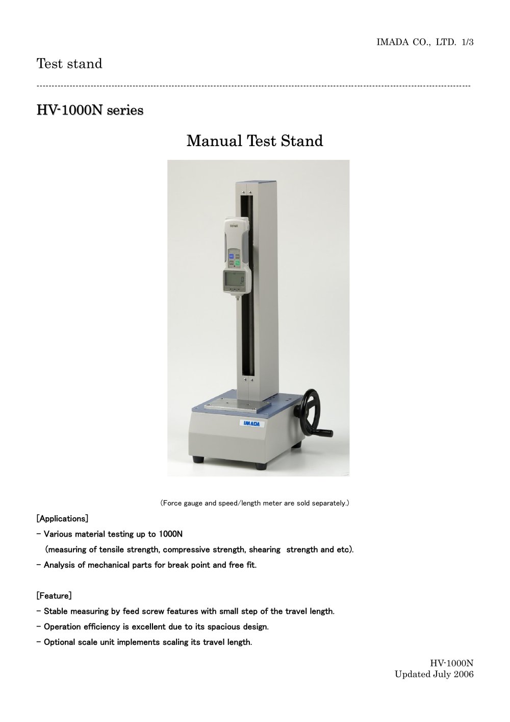 Vertical manual operation stand HV-1000N/HV-3000N - IMADA