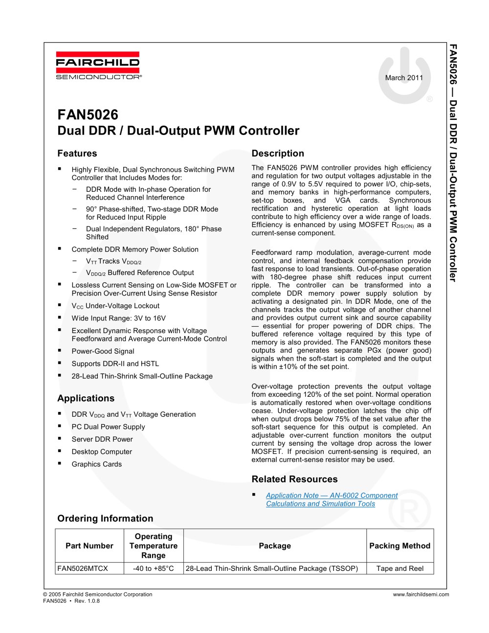 FAN5026 Dual-Output/DDR PWM Controller - Fairchild Semiconductor