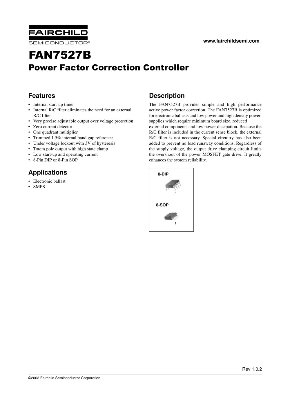 FAN7527B BOUNDARY MODE PFC CONTROL IC - Fairchild Semiconductor