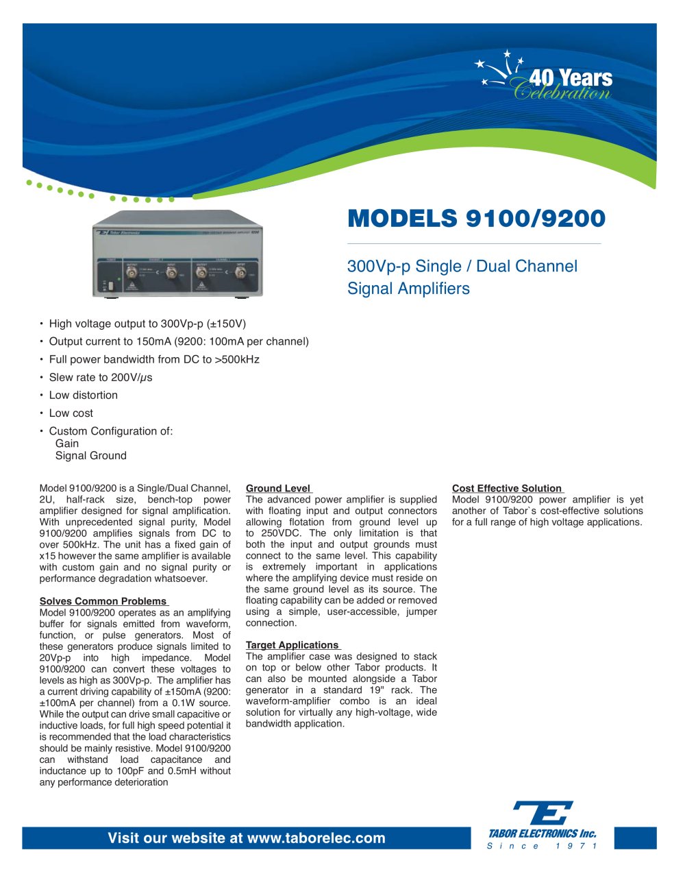 Model 9100 Single-Channel High-Voltage Wideband Amplifier Waveform Amplifier - Tabor Electronics