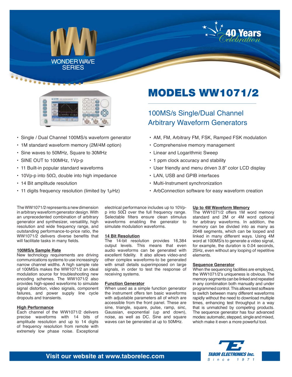 Model WW1071 Arbitrary Waveform Function Generator - Tabor Electronics