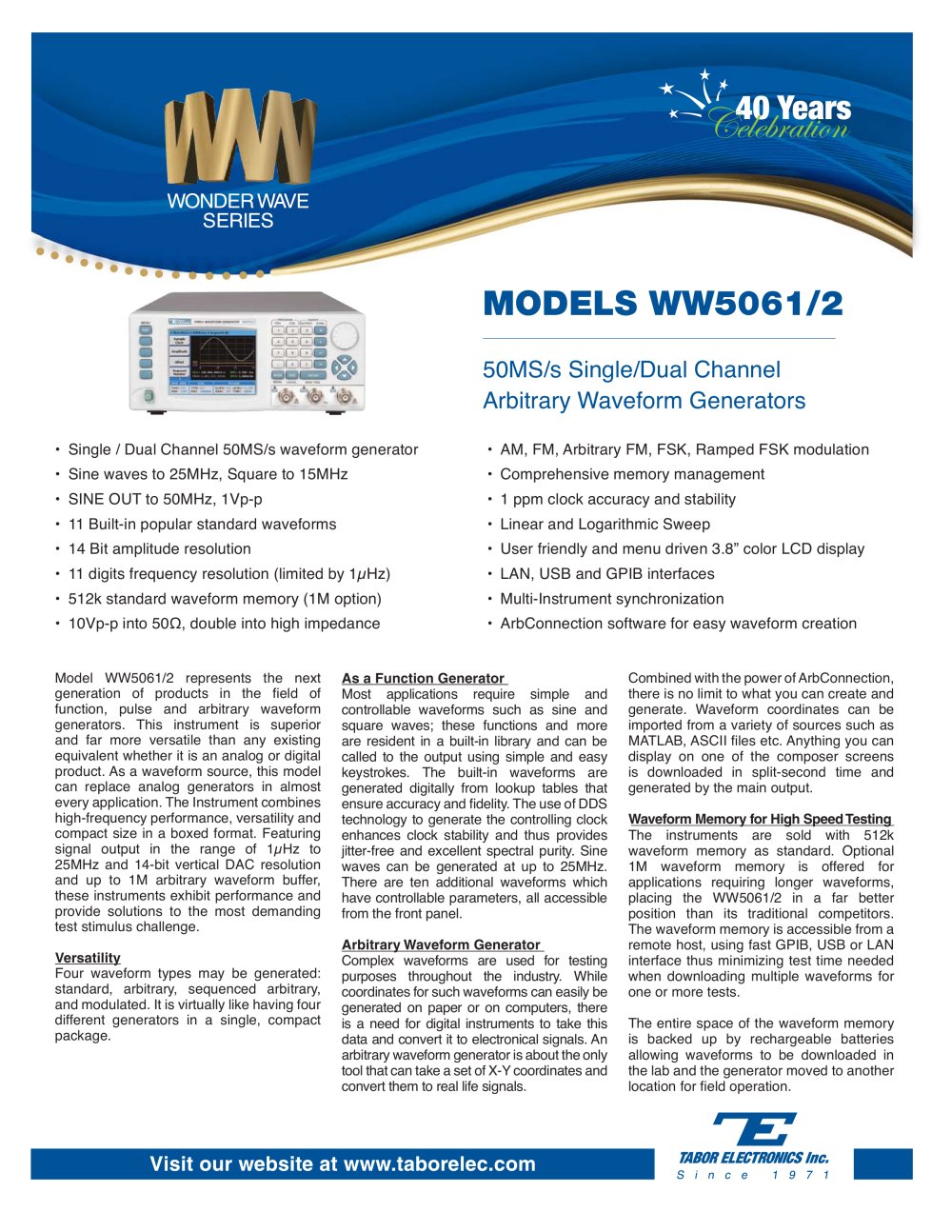 Model WW5061 Arbitrary Waveform Function Generator - Tabor Electronics