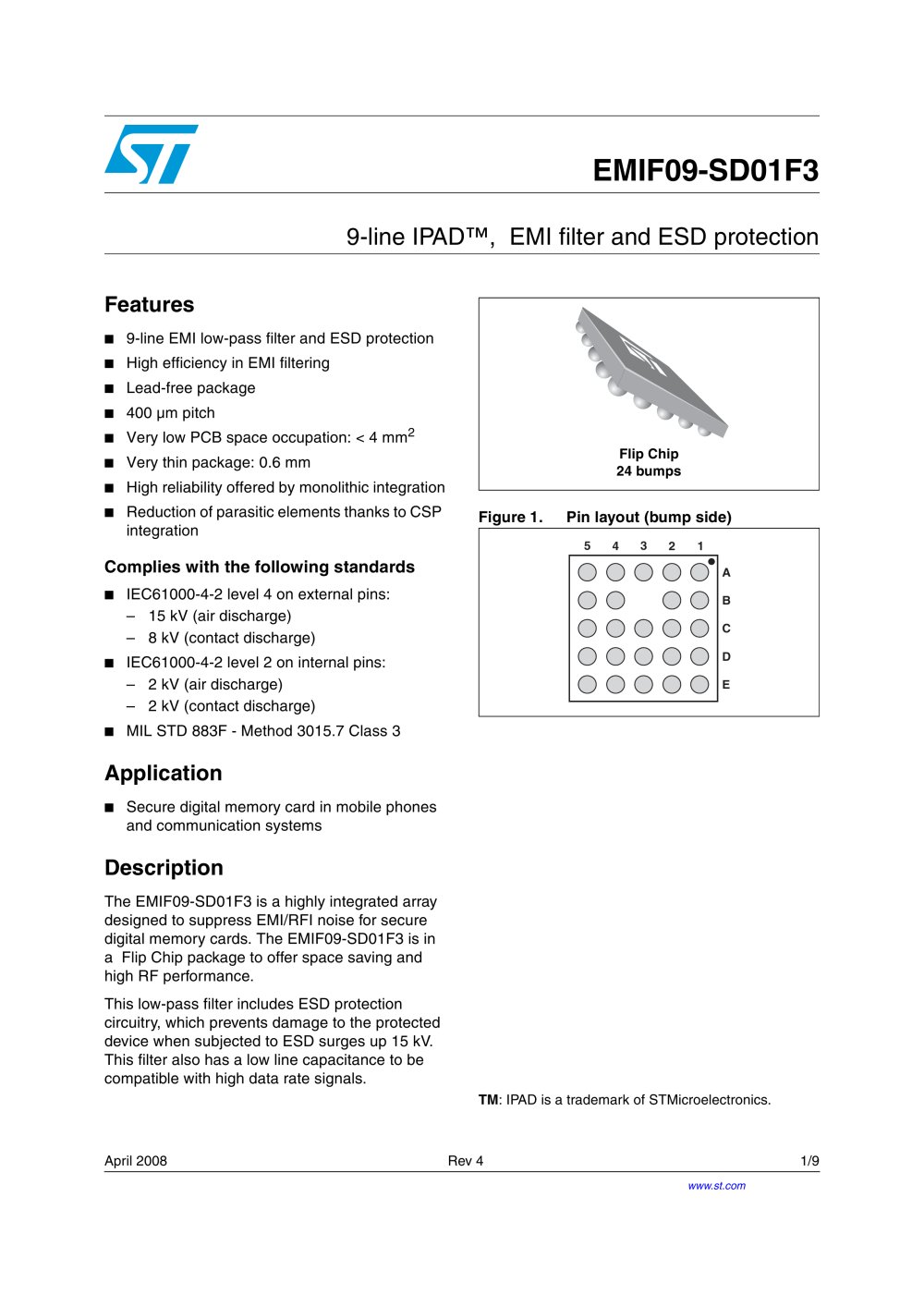 EMIF09-SD01F3 Bidirectional 9 line EMI filter + ESD - STMicroelectronics