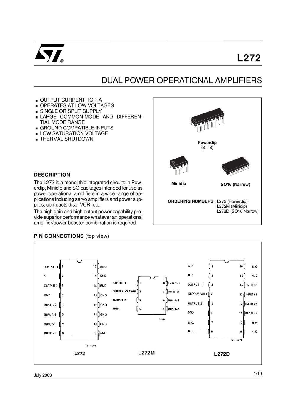 L272 Dual Power Operational Amplifier - STMicroelectronics