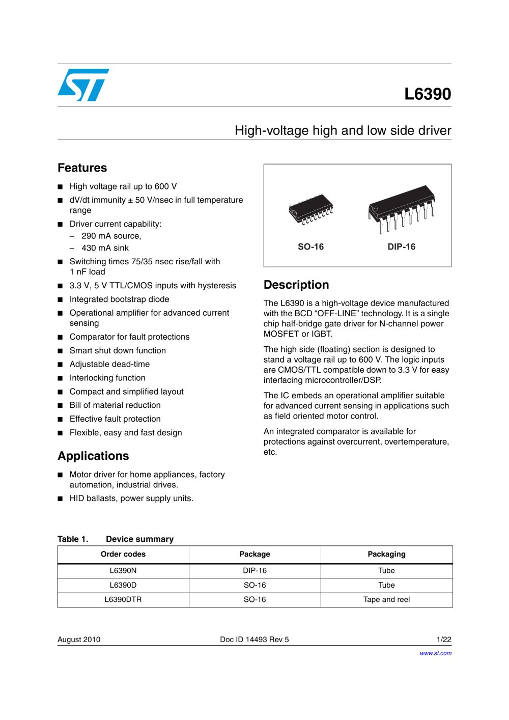 L6390 High-voltage high and low side driver - STMicroelectronics